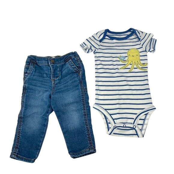 Boys,‎ Blue Jeans, Grey Sweatpants & 2 Bodysuits - Size 12 Month - Picture 3 of 12